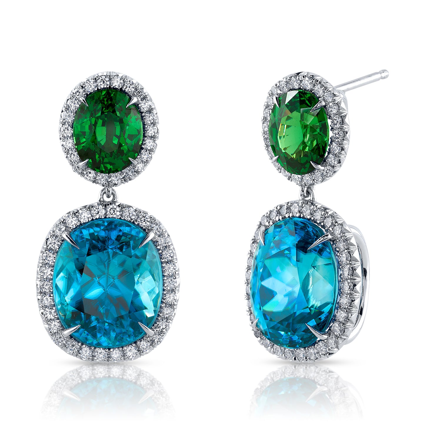 Blue Zircon, Tsavorite Garnet & Diamond Earrings