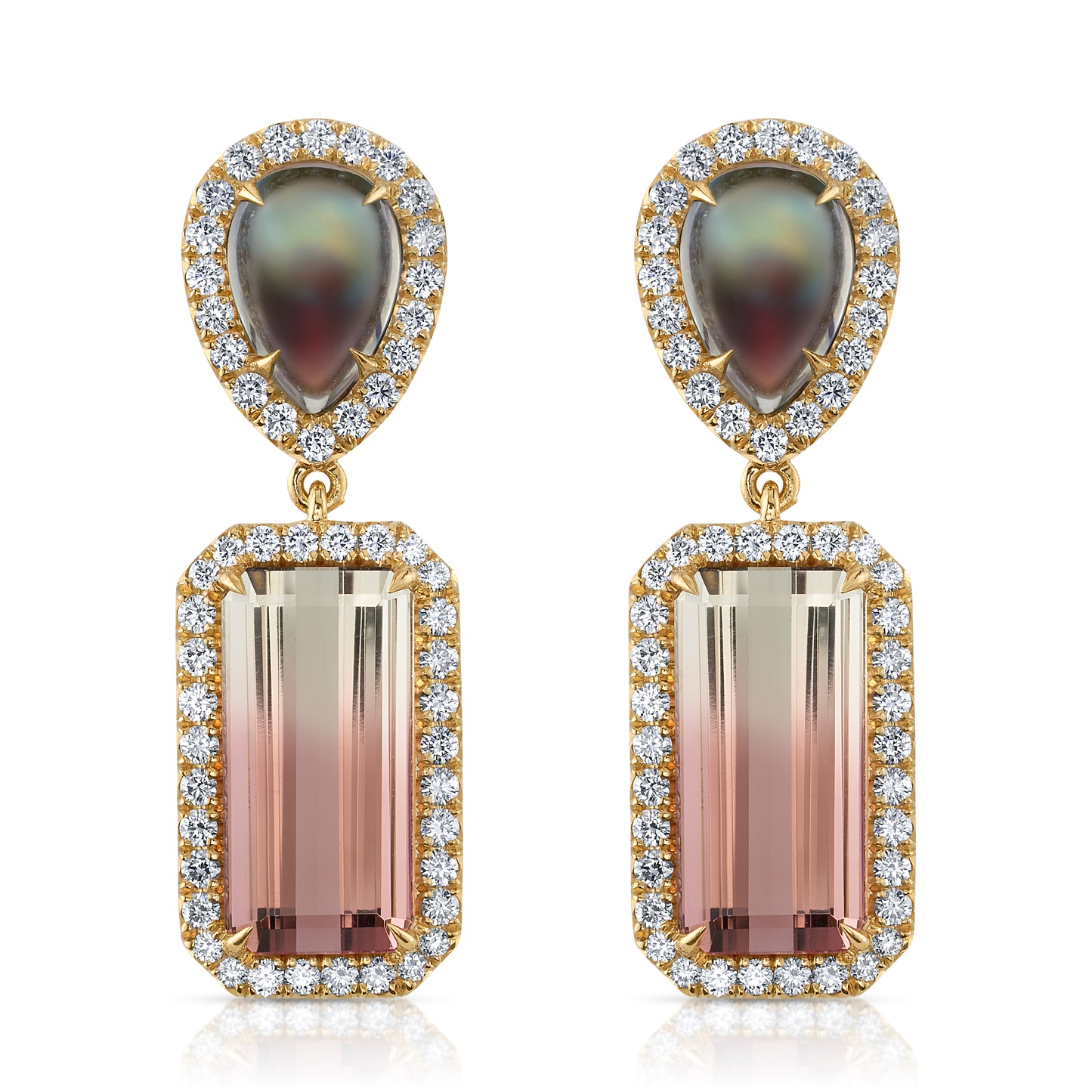 Bi-color Tourmaline, Rainbow Moonstone & Diamond Earrings