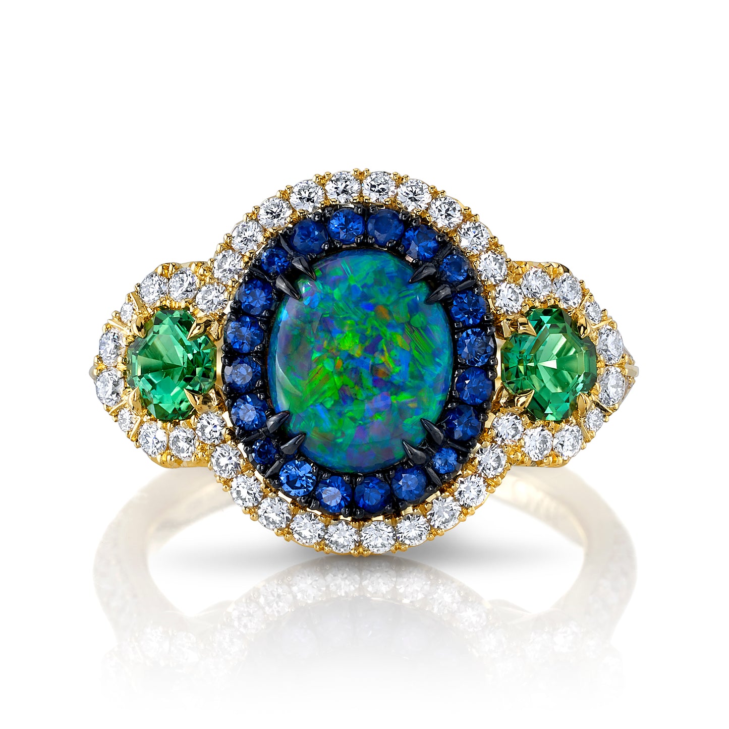Opal, Green Tourmaline, Sapphire & Diamond 3-Stone Ring