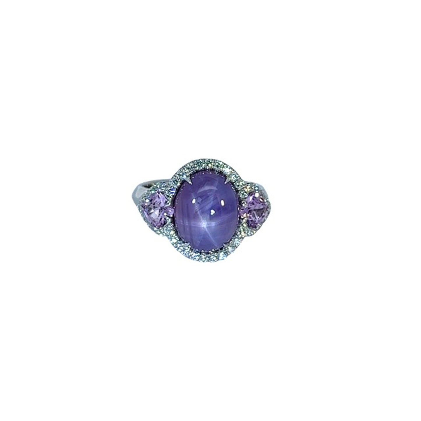 Purple Star Sapphire, Fancy Sapphire & Diamond 3-Stone Ring