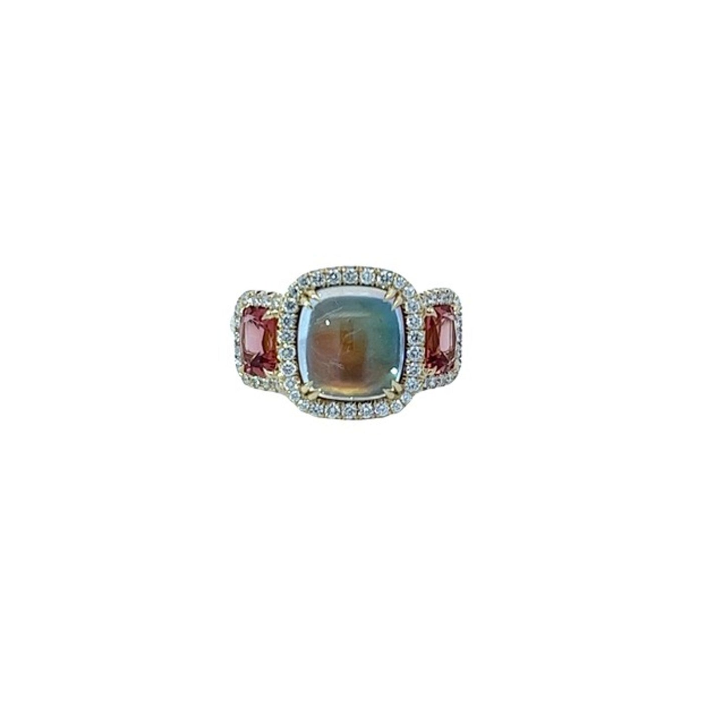 Rainbow Moonstone, Malaya Garnet & Diamond 3-Stone Ring