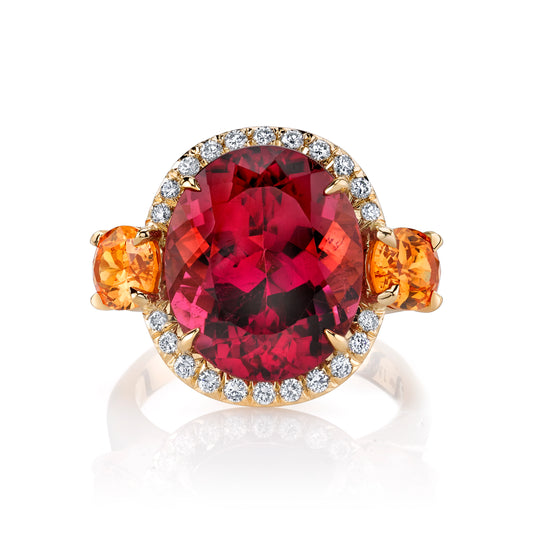Pink Tourmaline, Spessartine Garnet & Diamond 3-Stone Ring