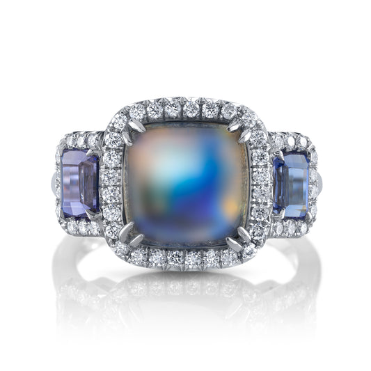 Moonstone, Tanzanite & 3-Stone Diamond Ring