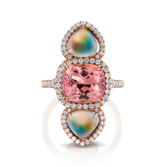 Malaya Garnet, Moonstone & Diamond 3-Stone Ring