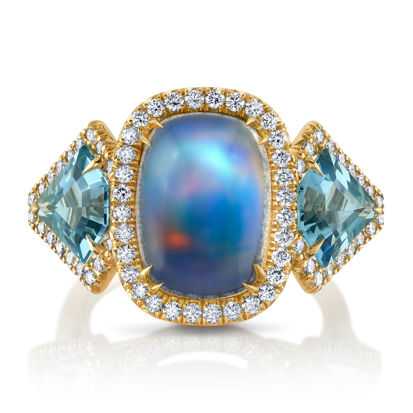 Moonstone, Aquamarine & Diamond 3-Stone Ring
