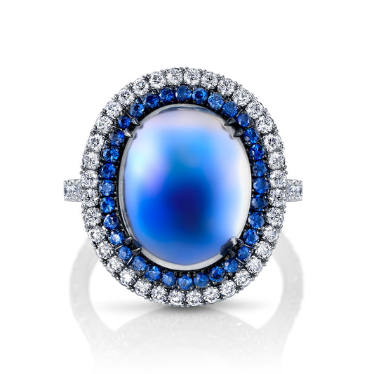 Moonstone, Sapphire & Diamond Ring