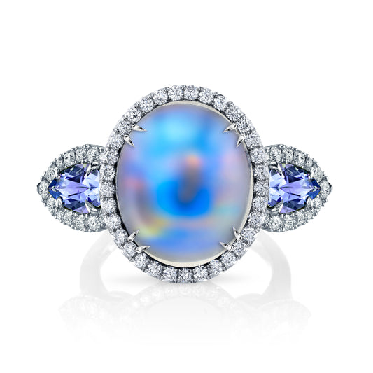 Moonstone, Tanzanite & Diamond 3-Stone Ring