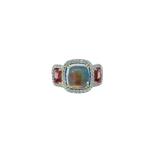 Rainbow Moonstone, Malaya Garnet & Diamond 3-Stone Ring